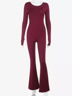 Combinaison évasée dos nu pour femme - Combinaison moulante sexy rouge bordeaux à manches longues - Collection printemps streetwear 2026