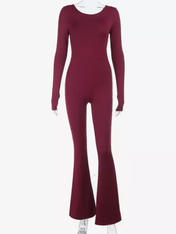 Combinaison évasée dos nu pour femme - Combinaison moulante sexy rouge bordeaux à manches longues - Collection printemps streetwear 2026