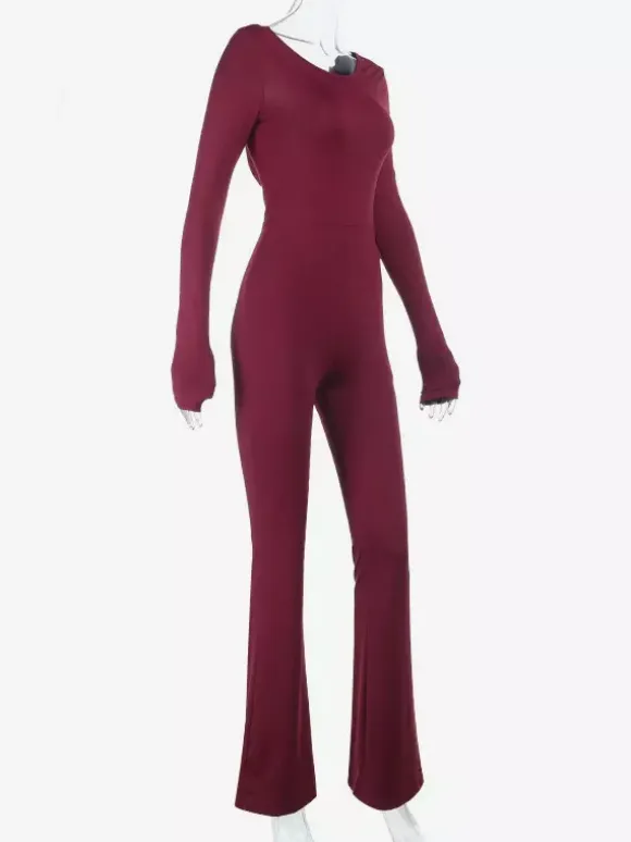 Combinaison évasée dos nu pour femme - Combinaison moulante sexy rouge bordeaux à manches longues - Collection printemps streetwear 2026
