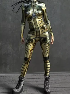 Combinaison Zentai Cyberpunk pour femme style robot imprimée en 3D métallisée.
