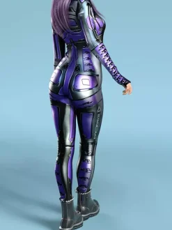 Combinaison Zentai Cyberpunk pour femme style robot imprimée en 3D métallisée.