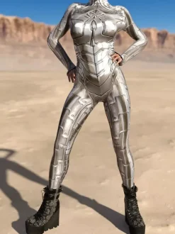 Combinaison Zentai Cyberpunk pour femme style robot imprimée en 3D métallisée.