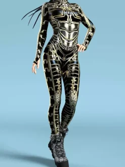 Combinaison Zentai Cyberpunk pour femme style robot imprimée en 3D métallisée.