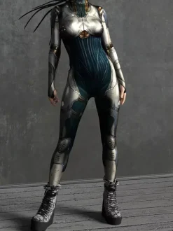 Combinaison Zentai Cyberpunk pour femme manches longues style soldat cybernétique métallisée.