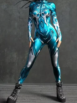 Combinaison Zentai Cyberpunk pour femme manches longues style soldat cybernétique métallisée.