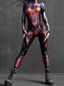 Combinaison Zentai Cyberpunk pour femme manches longues style soldat cybernétique métallisée.
