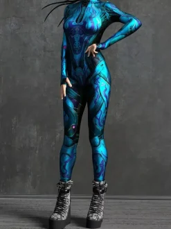 Combinaison Zentai Cyberpunk pour femme manches longues style soldat cybernétique métallisée.