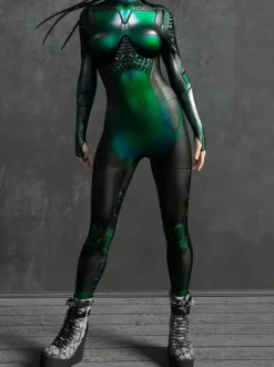 Combinaison Zentai Cyberpunk pour femme manches longues style soldat cybernétique métallisée.