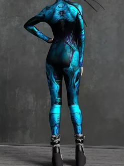 Combinaison Zentai Cyberpunk pour femme manches longues style soldat cybernétique métallisée.