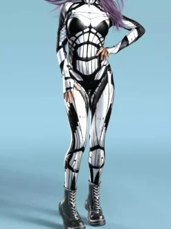 Combinaison Zentai Cyberpunk pour femme manches longues style soldat cybernétique métallisée.
