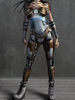Combinaison Zentai Cyberpunk pour femme manches longues style soldat cybernétique métallisée.