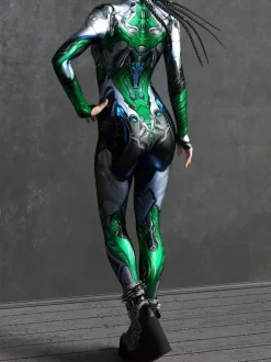 Combinaison Zentai Cyberpunk pour femme manches longues style soldat cybernétique métallisée.