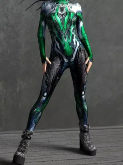 Combinaison Zentai Cyberpunk pour femme manches longues style soldat cybernétique métallisée.