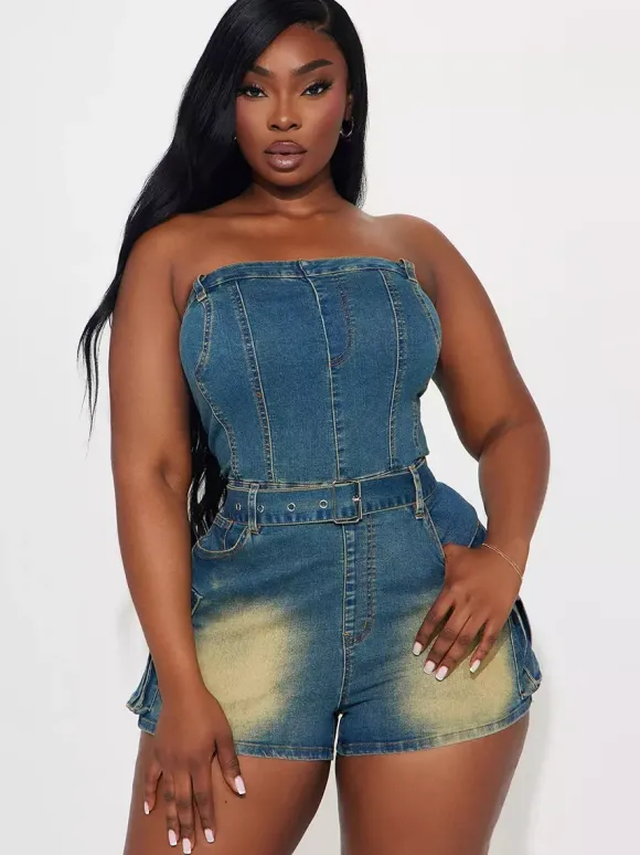 Combinaison bleue sans bretelles sans manches ceinture en jean style été