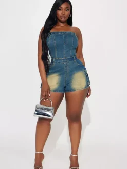 Combinaison bleue sans bretelles sans manches ceinture en jean style été