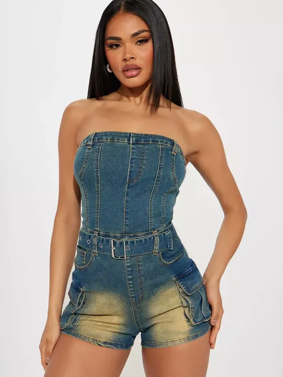 Combinaison bleue sans bretelles sans manches ceinture en jean style été