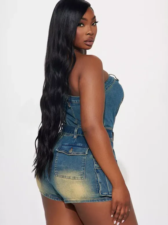 Combinaison bleue sans bretelles sans manches ceinture en jean style été