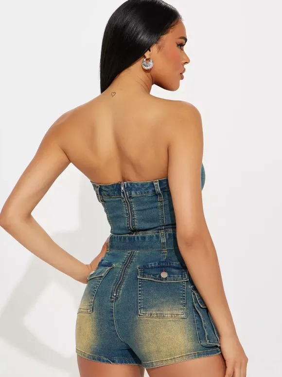 Combinaison bleue sans bretelles sans manches ceinture en jean style été