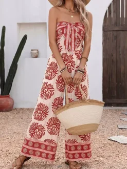 Combinaison bohème bustier à imprimé floral et jambes larges pour femme tenue de plage idéale pour les vacances