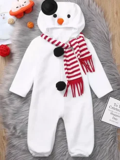 Combinaison bonhomme de neige pour Noël Combinaison en fibre de polyester blanche Écharpe Polyester Costumes de vacances de Noël Ensemble complet
