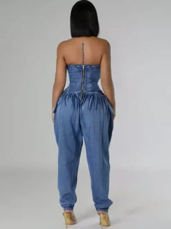 Combinaison bustier en jean sans bretelles pour femme - Combinaison harem sexy bleue avec fermeture éclair au dos - Soirée printemps-club 2026