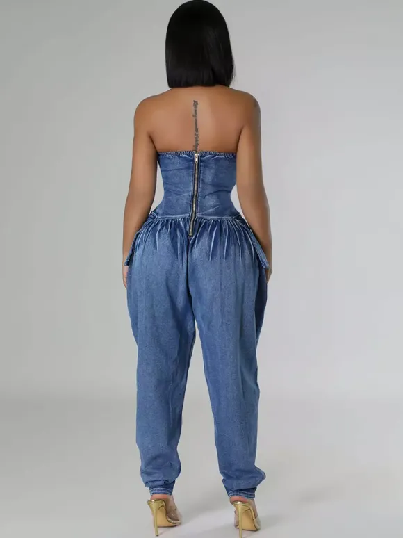 Combinaison bustier en jean sans bretelles pour femme - Combinaison harem sexy bleue avec fermeture éclair au dos - Soirée printemps-club 2026