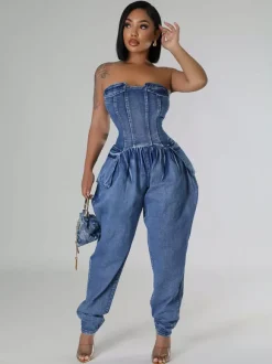 Combinaison bustier en jean sans bretelles pour femme - Combinaison harem sexy bleue avec fermeture éclair au dos - Soirée printemps-club 2026