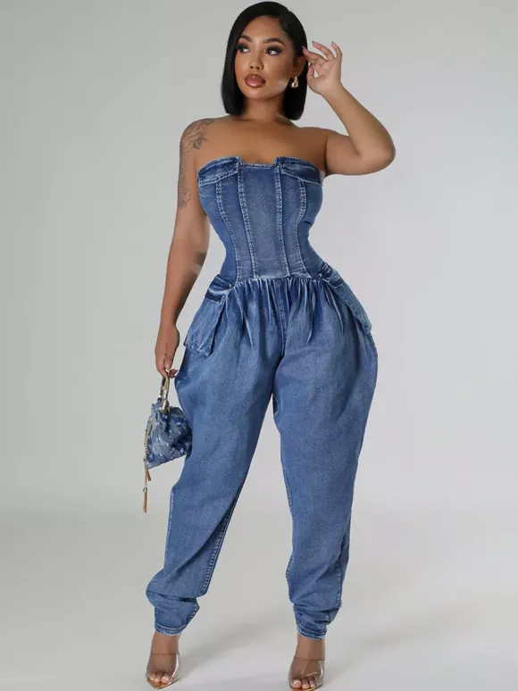 Combinaison bustier en jean sans bretelles pour femme - Combinaison harem sexy bleue avec fermeture éclair au dos - Soirée printemps-club 2026