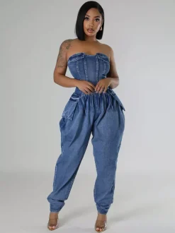 Combinaison bustier en jean sans bretelles pour femme - Combinaison harem sexy bleue avec fermeture éclair au dos - Soirée printemps-club 2026