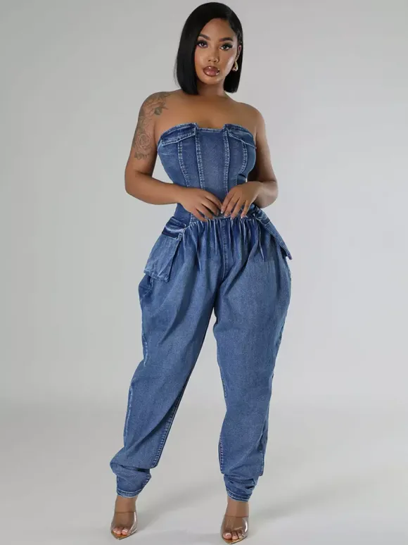 Combinaison bustier en jean sans bretelles pour femme - Combinaison harem sexy bleue avec fermeture éclair au dos - Soirée printemps-club 2026