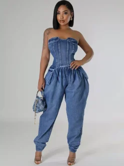 Combinaison bustier en jean sans bretelles pour femme - Combinaison harem sexy bleue avec fermeture éclair au dos - Soirée printemps-club 2026