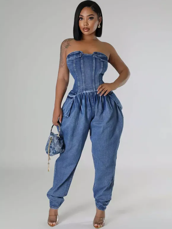 Combinaison bustier en jean sans bretelles pour femme - Combinaison harem sexy bleue avec fermeture éclair au dos - Soirée printemps-club 2026