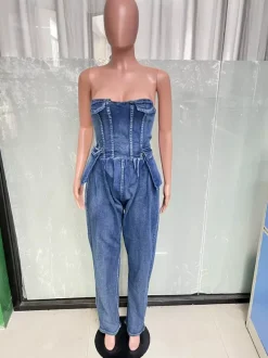 Combinaison bustier en jean sans bretelles pour femme - Combinaison harem sexy bleue avec fermeture éclair au dos - Soirée printemps-club 2026