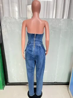 Combinaison bustier en jean sans bretelles pour femme - Combinaison harem sexy bleue avec fermeture éclair au dos - Soirée printemps-club 2026