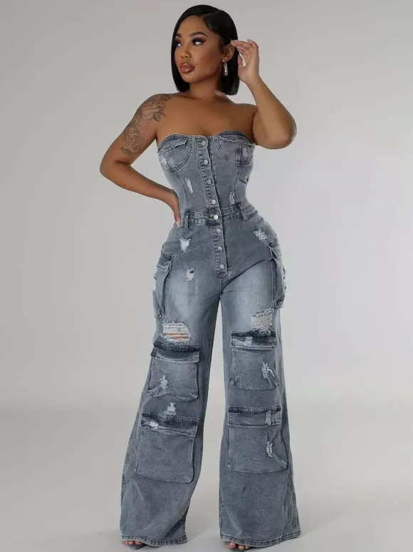 Combinaison cargo bustier en jean pour femme - Combinaison moulante bleue Y2K déchirée à jambes larges avec poche - Soirée d'été en boîte 2026