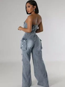Combinaison cargo bustier en jean pour femme - Combinaison moulante bleue Y2K déchirée à jambes larges avec poche - Soirée d'été en boîte 2026