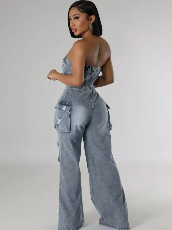 Combinaison cargo bustier en jean pour femme - Combinaison moulante bleue Y2K déchirée à jambes larges avec poche - Soirée d'été en boîte 2026