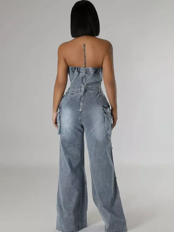 Combinaison cargo bustier en jean pour femme - Combinaison moulante bleue Y2K déchirée à jambes larges avec poche - Soirée d'été en boîte 2026