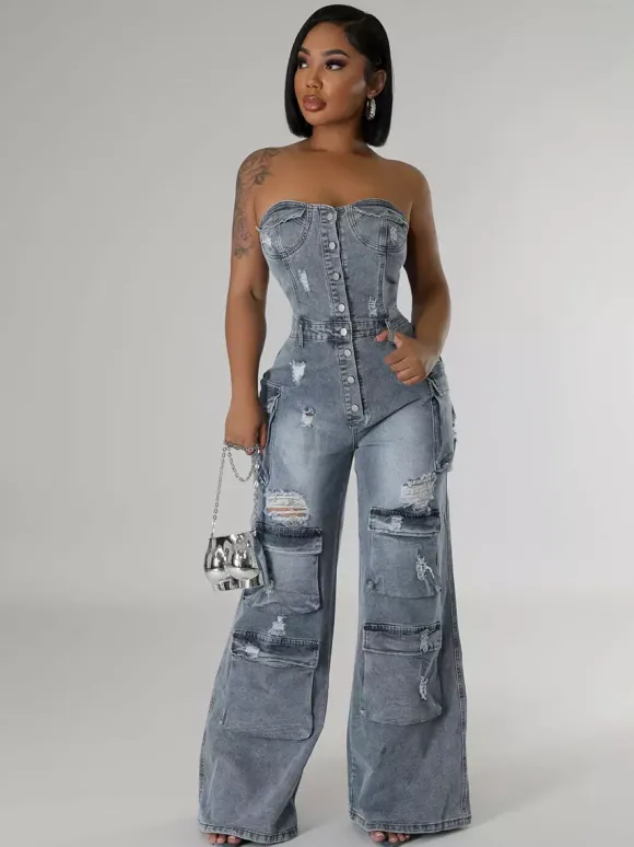 Combinaison cargo bustier en jean pour femme - Combinaison moulante bleue Y2K déchirée à jambes larges avec poche - Soirée d'été en boîte 2026