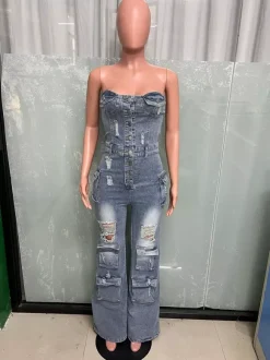 Combinaison cargo bustier en jean pour femme - Combinaison moulante bleue Y2K déchirée à jambes larges avec poche - Soirée d'été en boîte 2026
