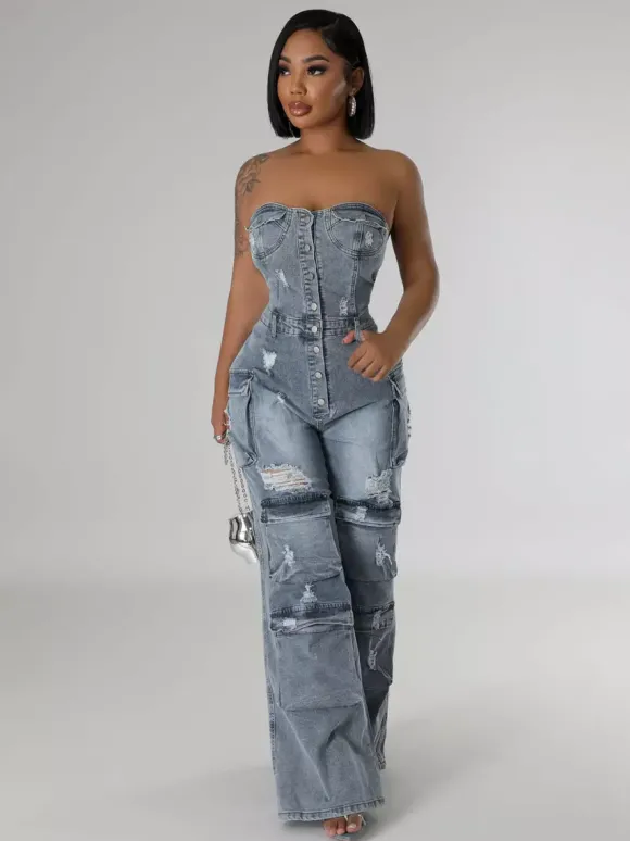 Combinaison cargo bustier en jean pour femme - Combinaison moulante bleue Y2K déchirée à jambes larges avec poche - Soirée d'été en boîte 2026