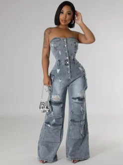 Combinaison cargo bustier en jean pour femme - Combinaison moulante bleue Y2K déchirée à jambes larges avec poche - Soirée d'été en boîte 2026