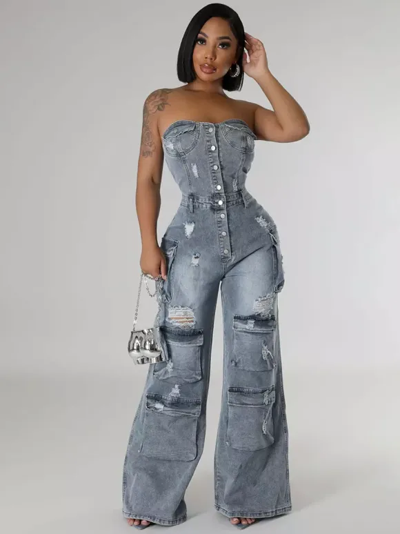 Combinaison cargo bustier en jean pour femme - Combinaison moulante bleue Y2K déchirée à jambes larges avec poche - Soirée d'été en boîte 2026
