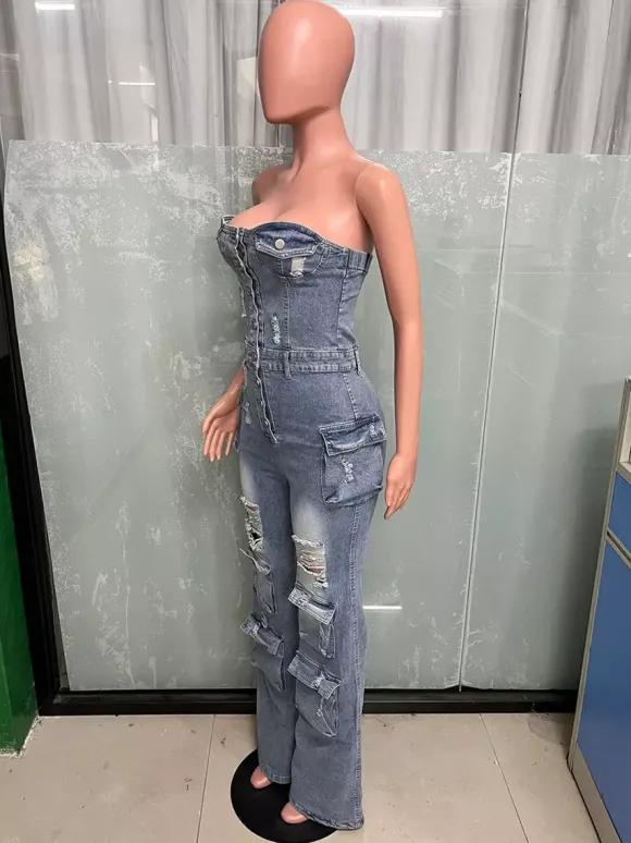 Combinaison cargo bustier en jean pour femme - Combinaison moulante bleue Y2K déchirée à jambes larges avec poche - Soirée d'été en boîte 2026