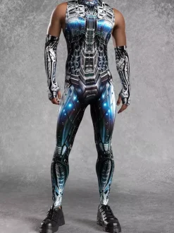 Combinaison cyberpunk pour homme imprimé robot à effet d'optique combinaison métallique