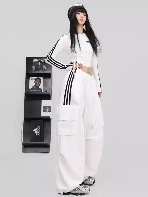 Combinaison de danse de rue pour femme tenue de jazz tendance blanche contrastée avec laçage pantalon hip-hop slim