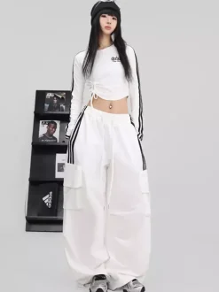 Combinaison de danse de rue pour femme tenue de jazz tendance blanche contrastée avec laçage pantalon hip-hop slim