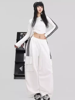 Combinaison de danse de rue pour femme tenue de jazz tendance blanche contrastée avec laçage pantalon hip-hop slim