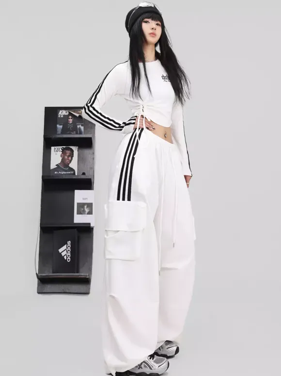 Combinaison de danse de rue pour femme tenue de jazz tendance blanche contrastée avec laçage pantalon hip-hop slim