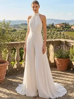 Combinaison de mariée dos nu robe de mariée deux pièces en mousseline plissée longueur au sol col rond sans manches